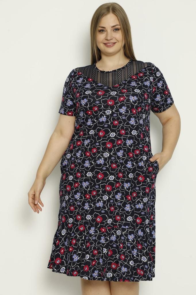 Women's Big Size Dress Patterned Pocket Tulle Detailed Combed Cotton Modal Plus Size Dress