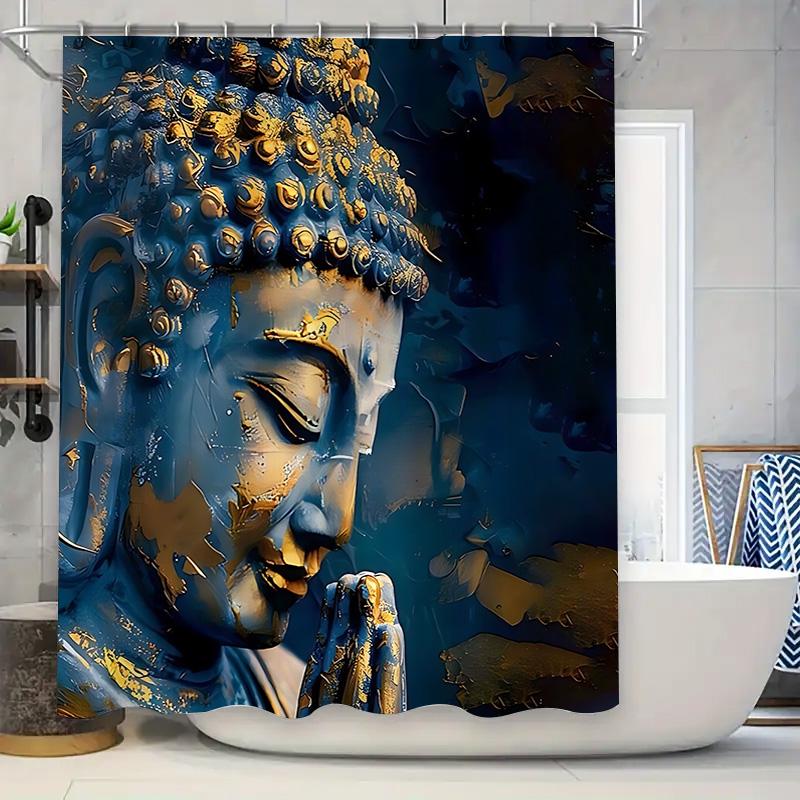 

Elegant Blue And Gold Buddha Shower Curtain For Bathroom Decor Enhance Your Home With Tranquility And Spirituality Easy-Clean W60H190(CM)-1 Pcs