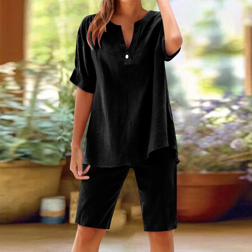 Women's Casual Suits Women's Cotton Linen Summer Suit with Wide Leg Pants Casual Loose Fit Two for Ladies for Summer