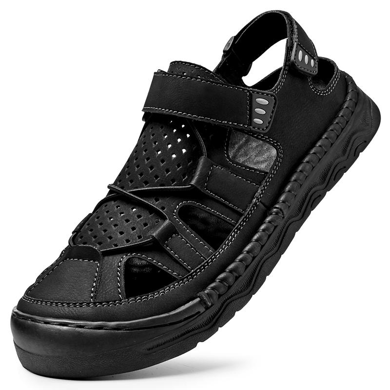 Summer Men's Leather Sandals Handmade Outdoor Ventilated Beach Slides Non-Slip Sole Casual Shoes