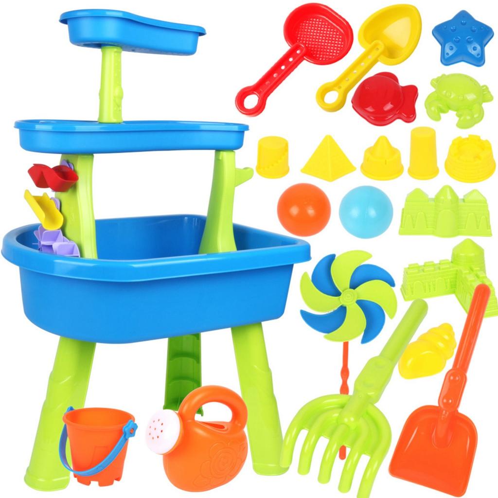 33-elementowy Dziecięcy Duży Stół Plażowy Zabawka Trzywarstwowy Zestaw Kombinowany do Zabawy Piaskiem i Wodą na Zewnątrz