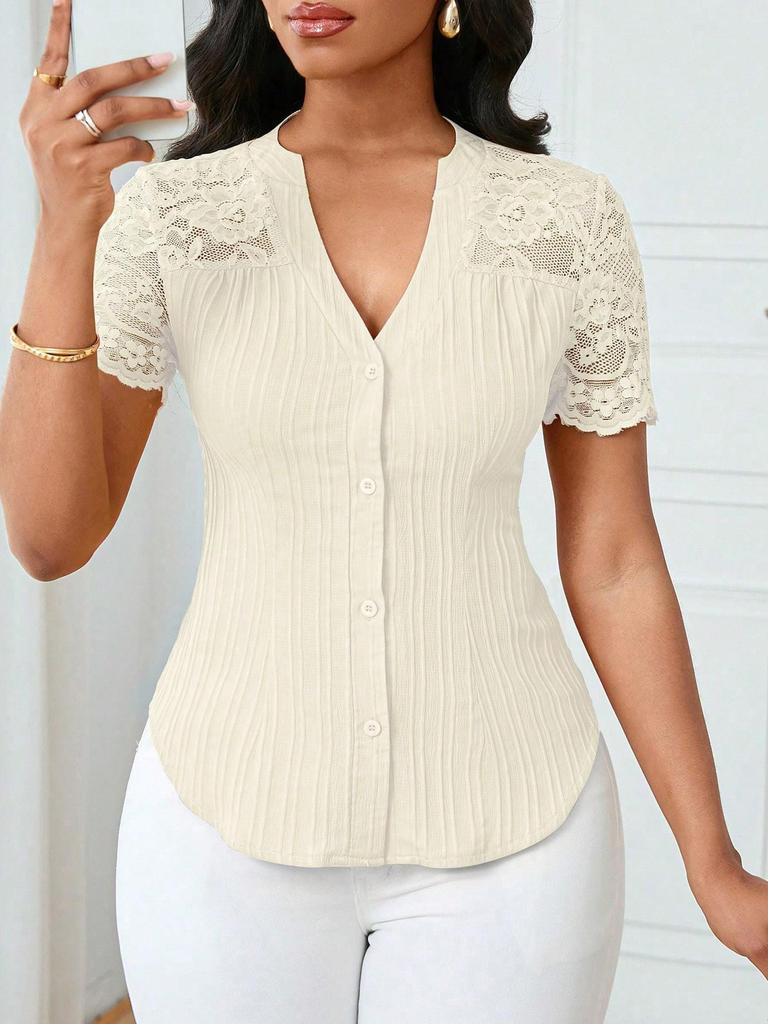 Women's Summer V-neck Embroidered Hollow Short-sleeve Shirt