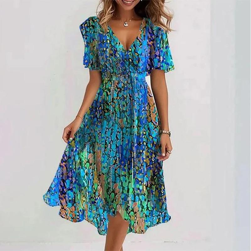 

Fashion Summer Short Sleeve Printed Casual Dress Loose Simple V-neck Floral A-line Party Dress Female Plus Size Elegant Lace-up Holiday Woman Clothing S зелений