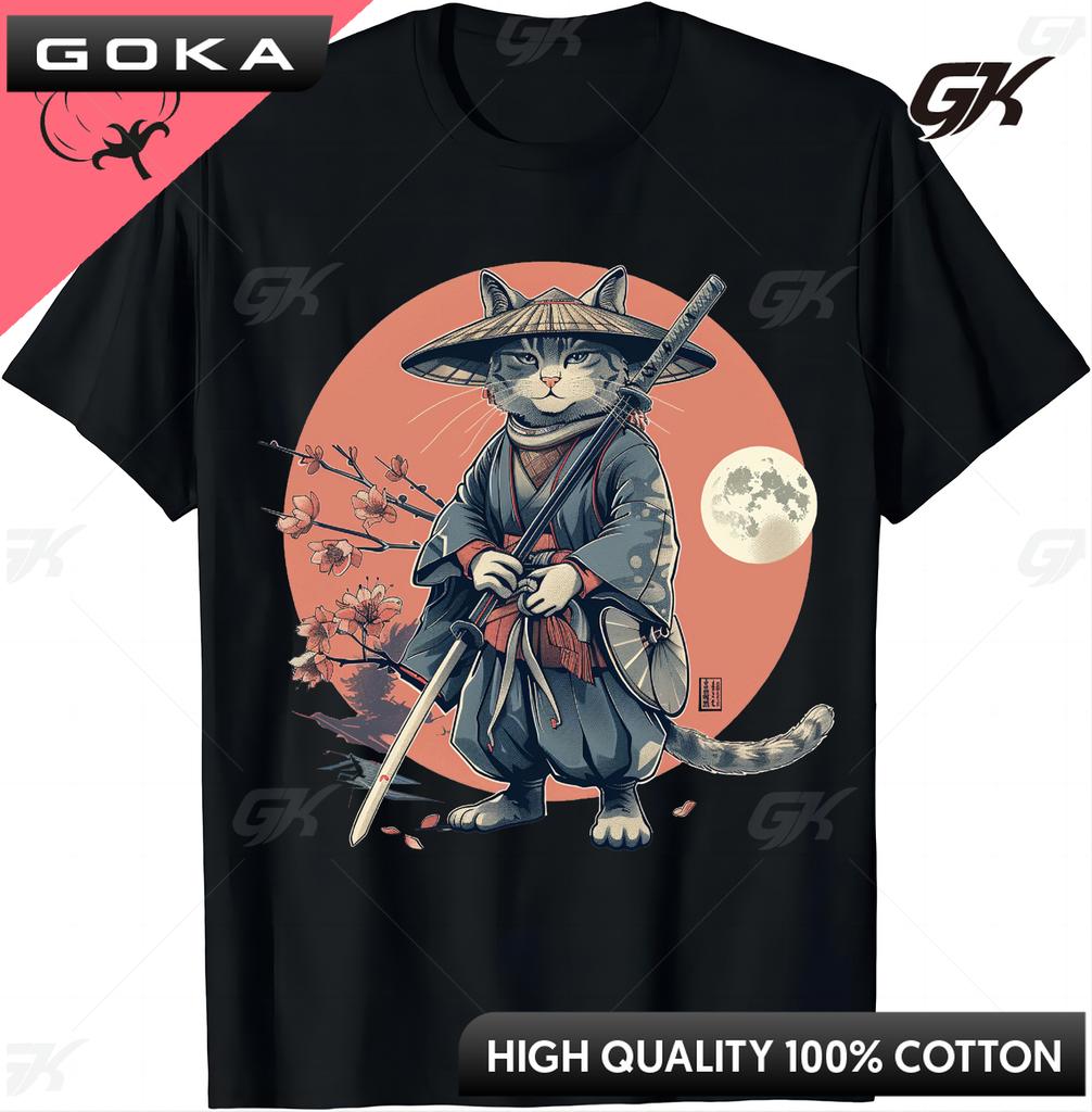 Japanese Samurai Cat Tattoo  Ninja Cat TShirt Street Cool Casual Clothes Unisex Clothes Round Short Sleeved Tops Camisetas