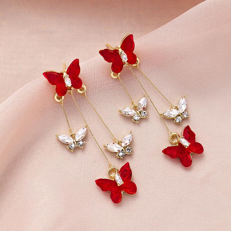 S925 Silver Purple Butterfly Tassel Earrings Women Luxury Crystal Long Dangle Vintage