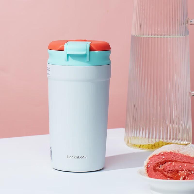 LocknLock LHC4298 316 Stainless Steel Flip Lid Insulated Coffee Mug with Straw, 430ml