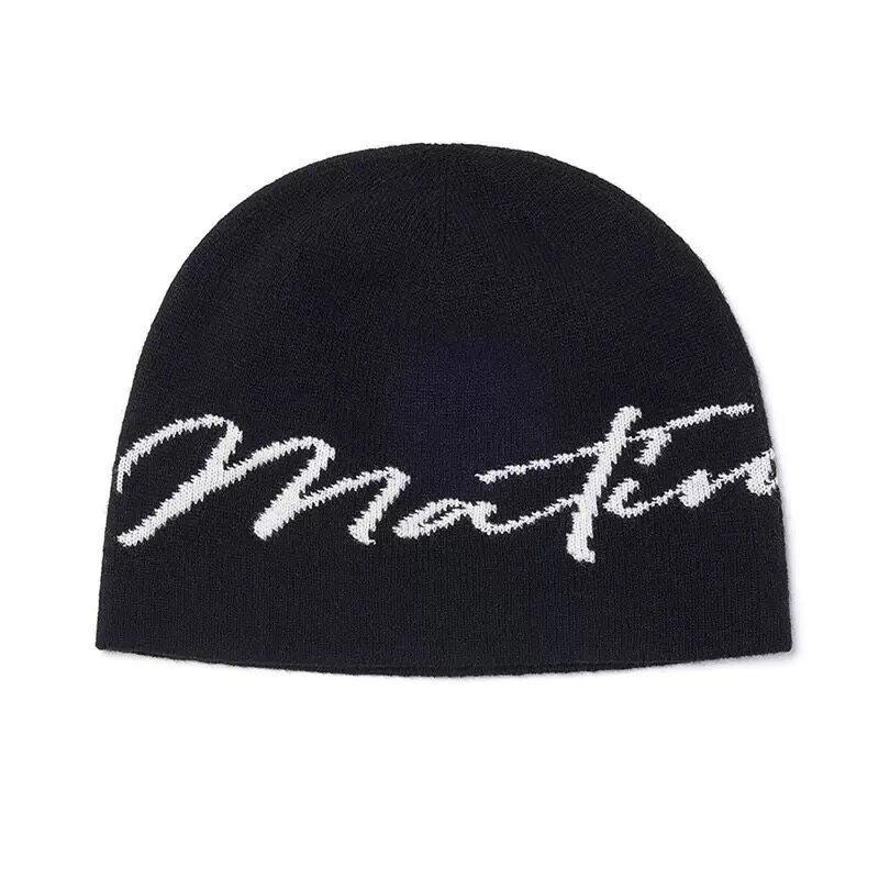Matin Kim Letter Knit Beanie Hat Unisex Streetwear Winter Cap Men Women Trendy Korean Fashion Cold Weather Accessory