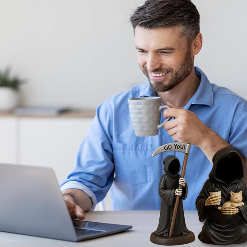 Gothic Emotional Support Figurine Grim Reaper Statue Halloween Decoration Holding Coffee & Cat Resin Desktop Ornament