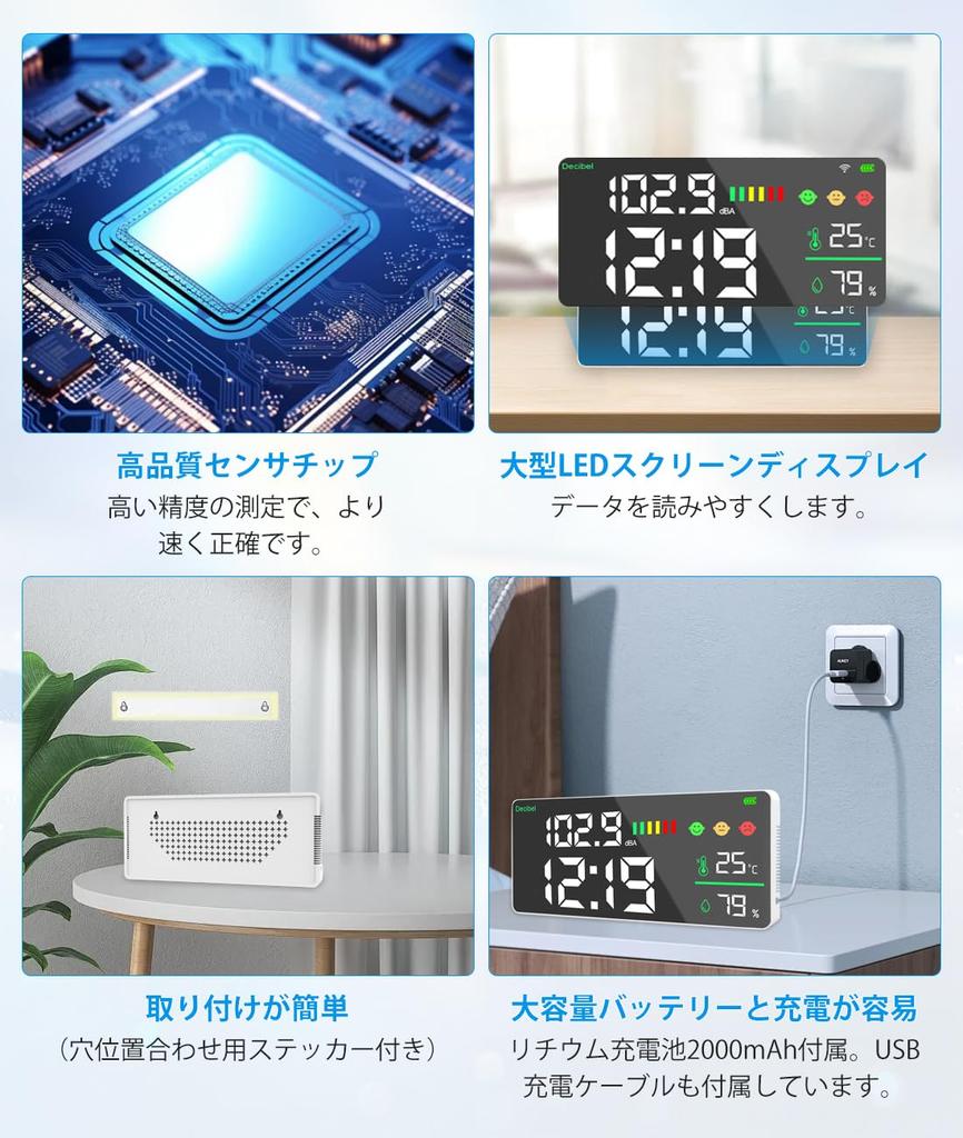 GHDVOP Miernik Poziomu Dźwięku w Decybelach z Czasem lub Duży Nocny Dźwięk Decybeli w Klasie Miernik, Funkcja, Montaż Ścienny, Instrukcja w Języku Japońskim w Zestawie