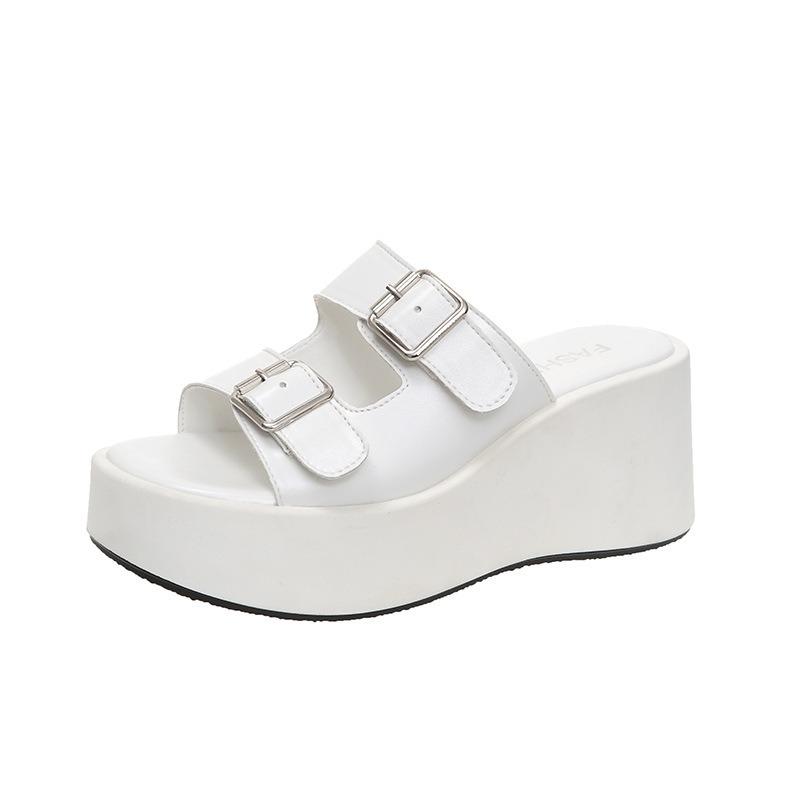 Super high heel slope heel cool slippers spring new fashion belt buckle simple style small person height wear sandals