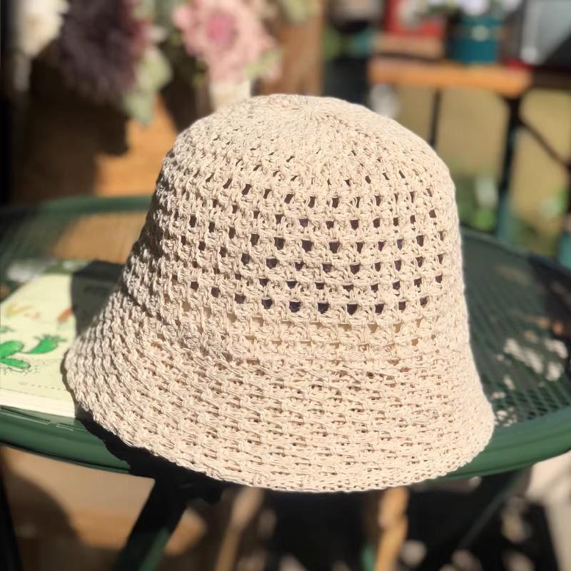 Women's Hollow Knit Bucket Hat Summer Breathable Fisherman Cap UV Protection Beach Outdoor Headwear Sunshade Mesh Basin Cap