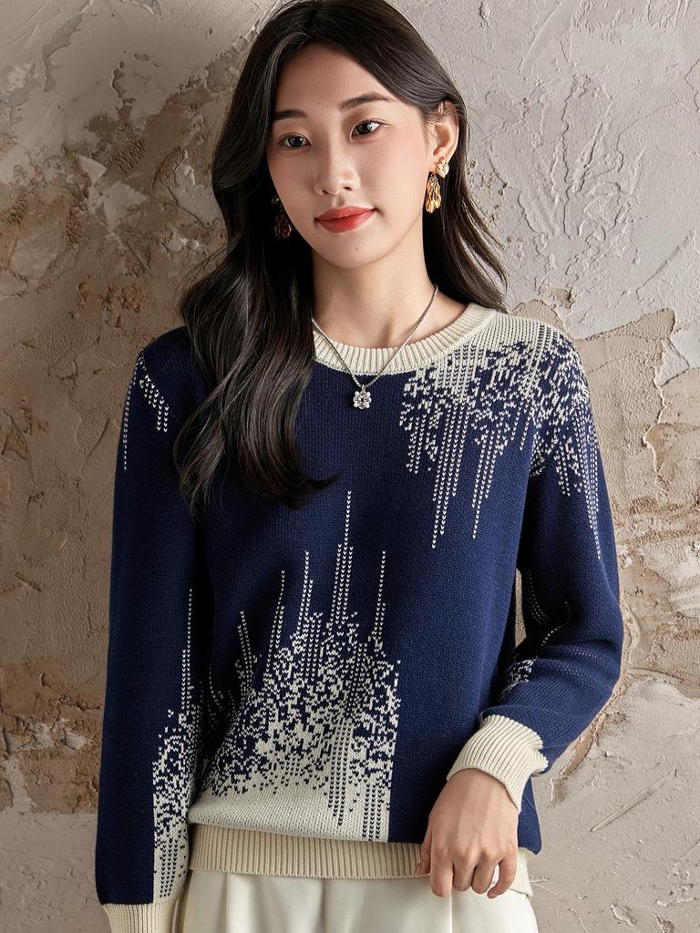 Ethnic Jacquard Crew Neck 100% Cotton Women's Cardigan Sweater - Autumn 2025 Collection