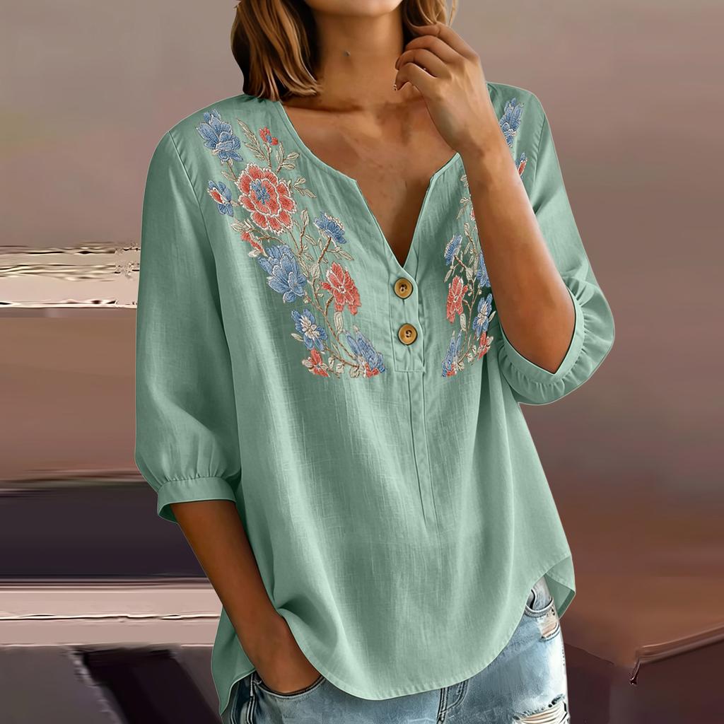 Women Floral Pattern Henley Button Neck Shirt Three Quarter Sleeve Loose Fit Linen Cotton Blouse Casual Top for Daily Wear