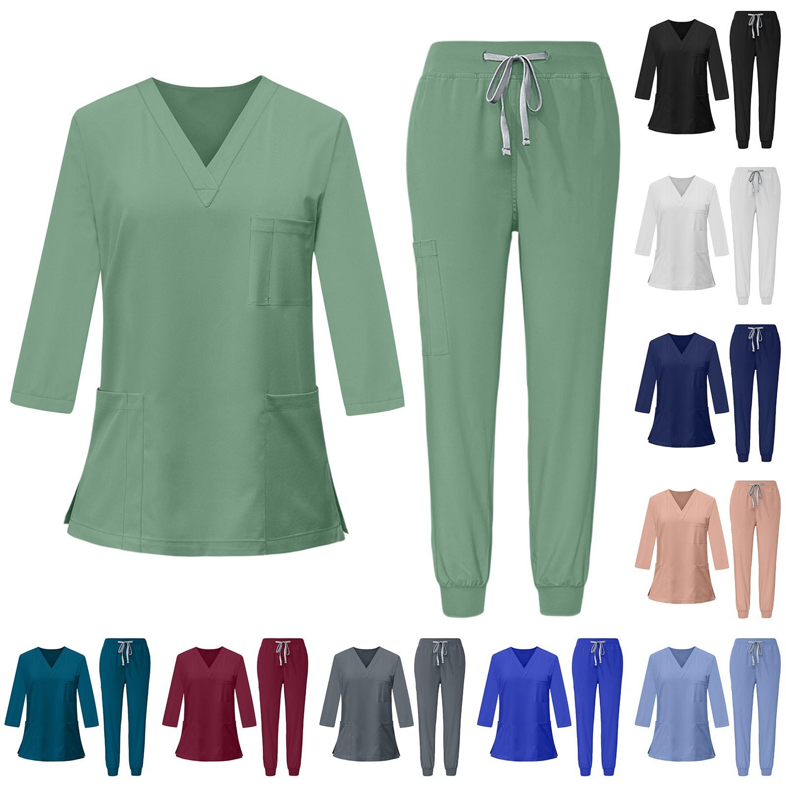 

Women s Quick Drying Fabric Solid Color V-neck Pocket Three-quarters Sleeve Pants Set Workwear L чорний