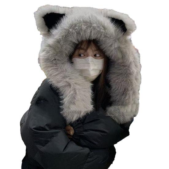 Women Hat Fox Ear Shape Thickened Plush Warm Winter Hat with Scarf Design Outdoor Activities Warm Headwear