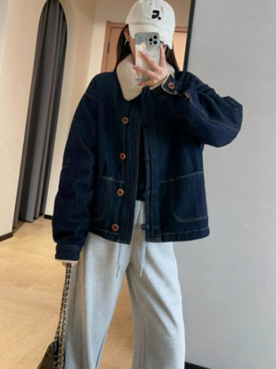 Women's Slimming Lapel Lambswool Padded Denim Jacket - Retro & Versatile