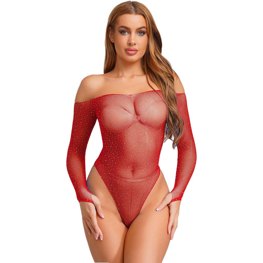 Damen glänzender Strassnetz-Off-Shoulder-Body mit langen Ärmeln, dehnbar