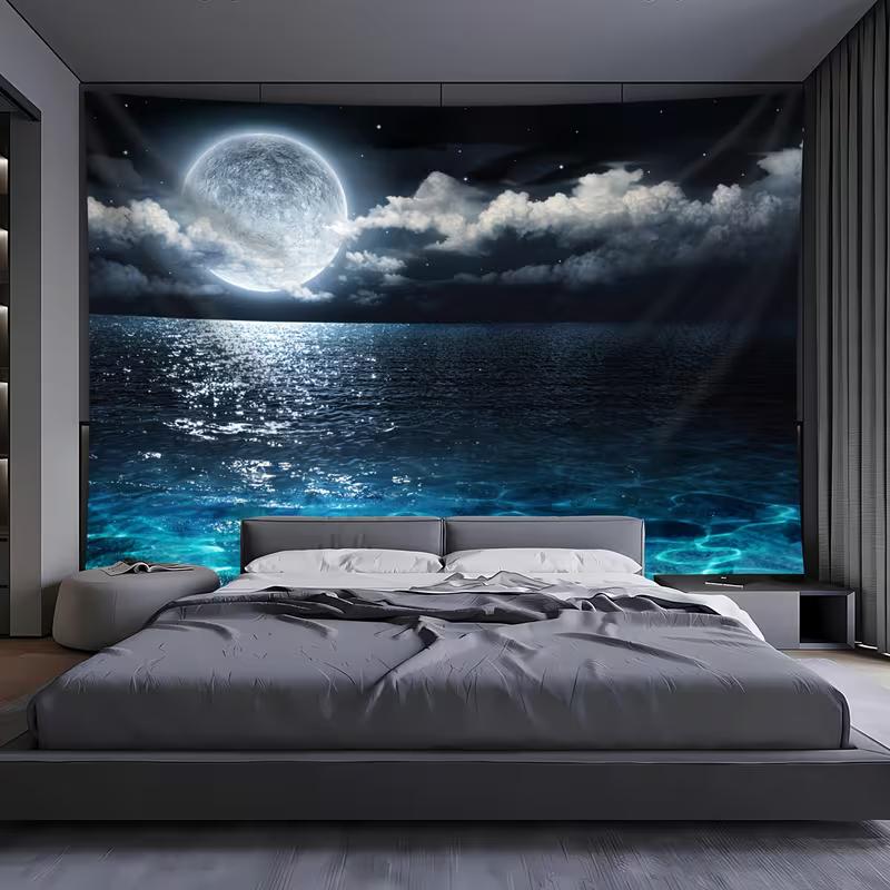 

2D Moonlit Ocean Tapestry, Night Sky Seascape Wall Decor 47.2x31.5inch/120*80cm