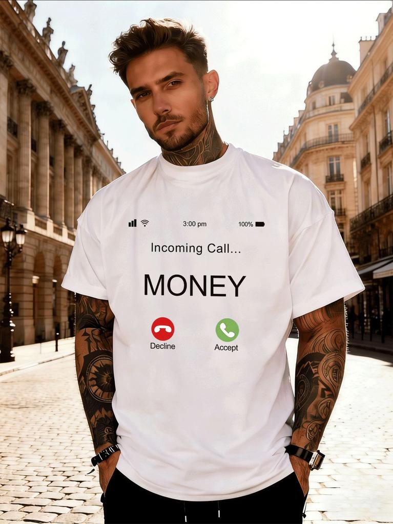 Unisexs Red Tee Money Incoming Call Graphic Print Short Sleeve Loose Casual Summer Street Basic Top For Adult Male Daily Daily Wear