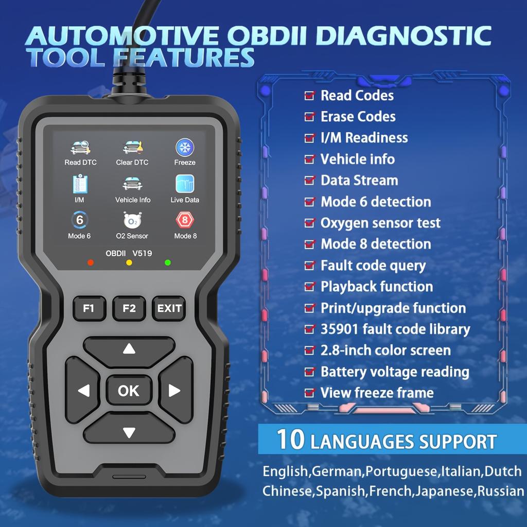 Professional OBD2 Diagnostic Scanner Tool, USB Powered, Engine Fault Detector, Code Reader, Battery Tester, I/M Readiness, Code Eraser, 10 Language