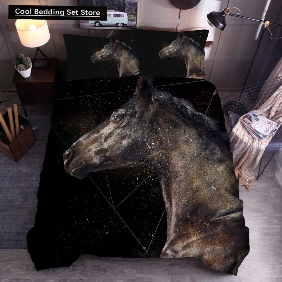 3D Horse Printing Duvet Cover Animal Bedding Set Twin Full Double Queen King Size for Kids Men Black Soft Quilt Cover Pillowcase