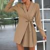 Women's INS Temperament Elegant Long-sleeved Lace-up Pleated High-waist Dress V-Neck Pleated Blazer Dress, Commuter Sexy Mini Skirt