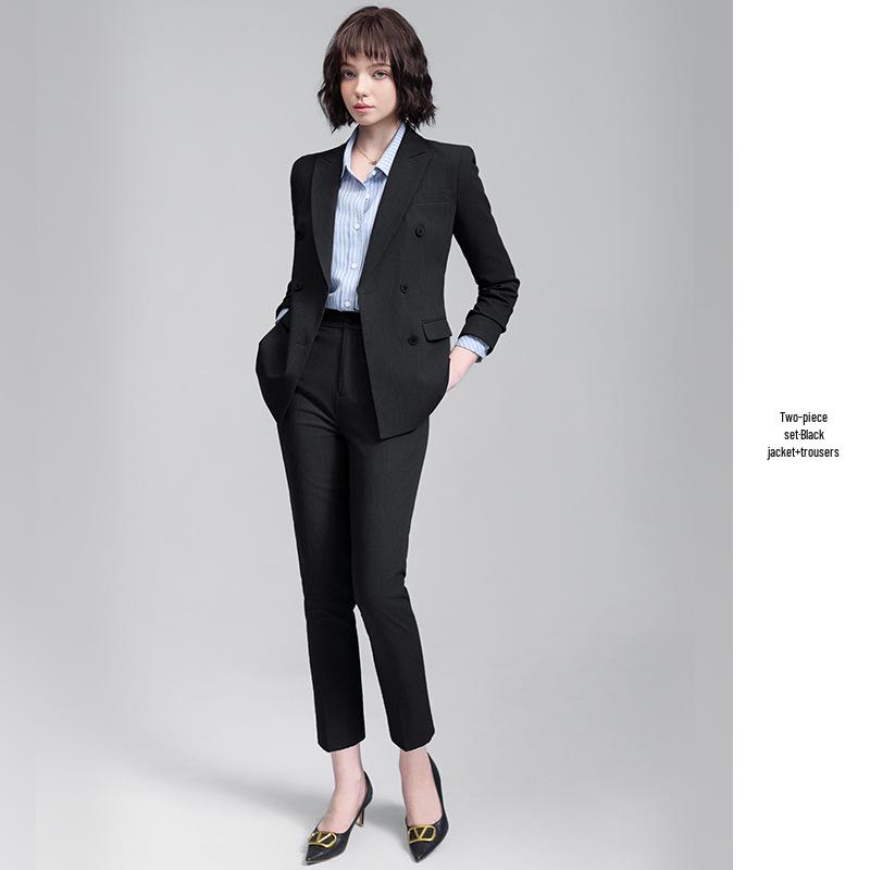 Women's Gray Double-Breasted Suit Set - 2025 Spring/Autumn British Style Formal Workwear