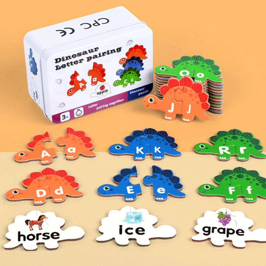 

Wooden Dinosaur Alphabet Matching Puzzle , Double Sided Cards Words And Letters Learning Toy for Interactive Tabletop Game Kids
