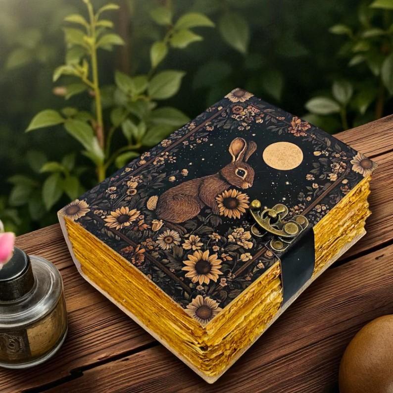 Handmade Deer Leather Journal with Moon Art – Vintage Deckle Edge Paper Notebook, 5x7 Inch Leather Diary, Nature Wildlife Journal Gift