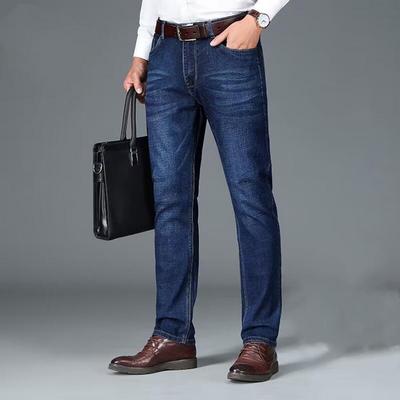 Pánske strečové džínsy s vysokým pásom - Jarné/Jesenné Business Casual rovné nohavice, voľný strih.