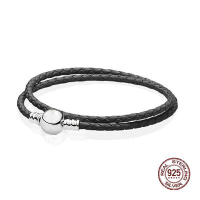 Plata de Ley 925, dijes de ajuste negro, cuentas de estilo Simple, pulsera ajustable Simple, cordón de cuero básico Diy