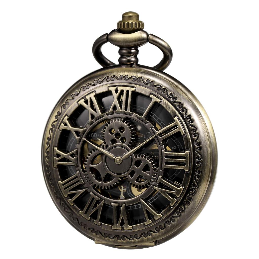 TREEWETO Skeleton Manual Winding Mechanical Double Case Roman Numerals Antique with Fob Chain Box Bronze