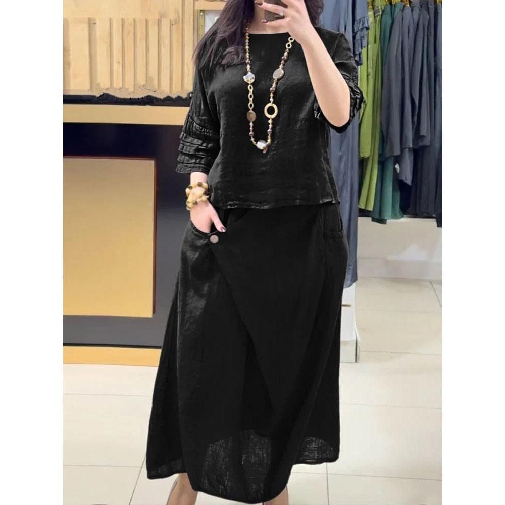 Women's Two Piece Set Casual Solid Color Blouse Top And Loose Midi Skirt Suit 2 Piece Sets Lady Elegant Outfit