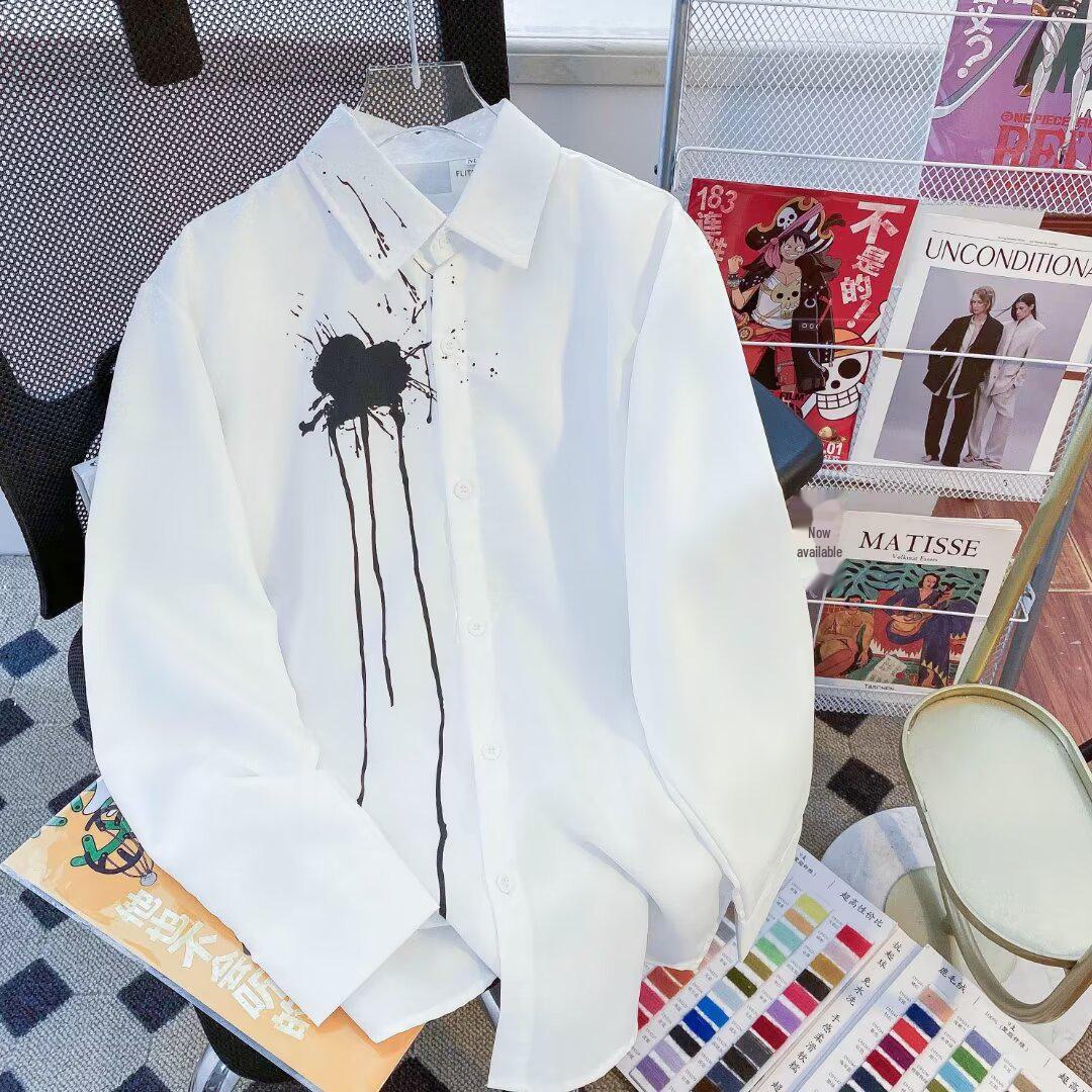 

2024 Унисекс Длинный рукав Рубашка Куртка Чернильный Узор: Повседневная, высококачественная мода весна/лето L белый