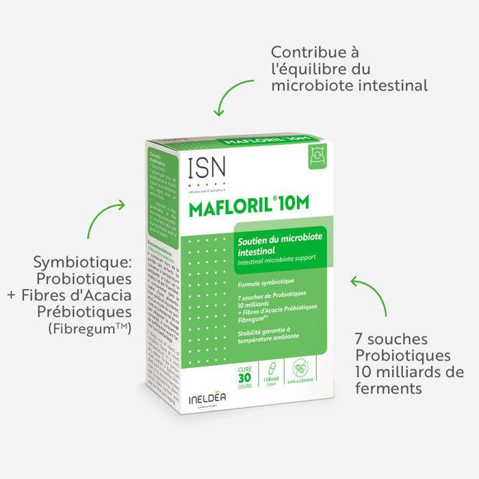 ISN - Mafloril 10M - Complément Alimentaire - 7 Souches Probiotiques + Fibres Prébiotiques - Soutien Du Microbiote Intestinal - Cure