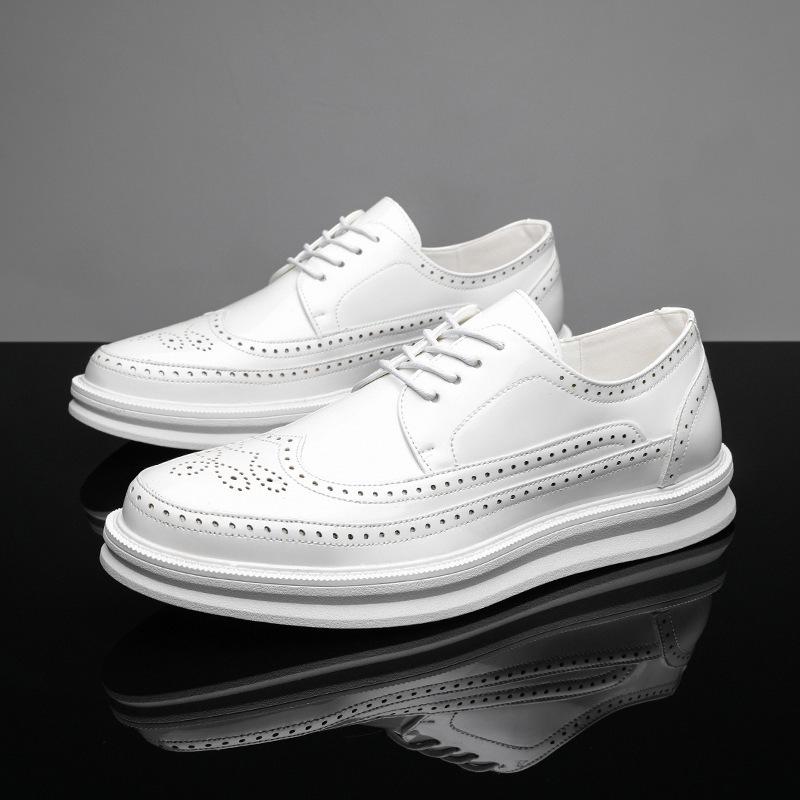 Fashion Derby Leather Men Shoes White Brogue Lace Up Solid Simple Dress Business Casual Party Wedding Flat Shoes For Man