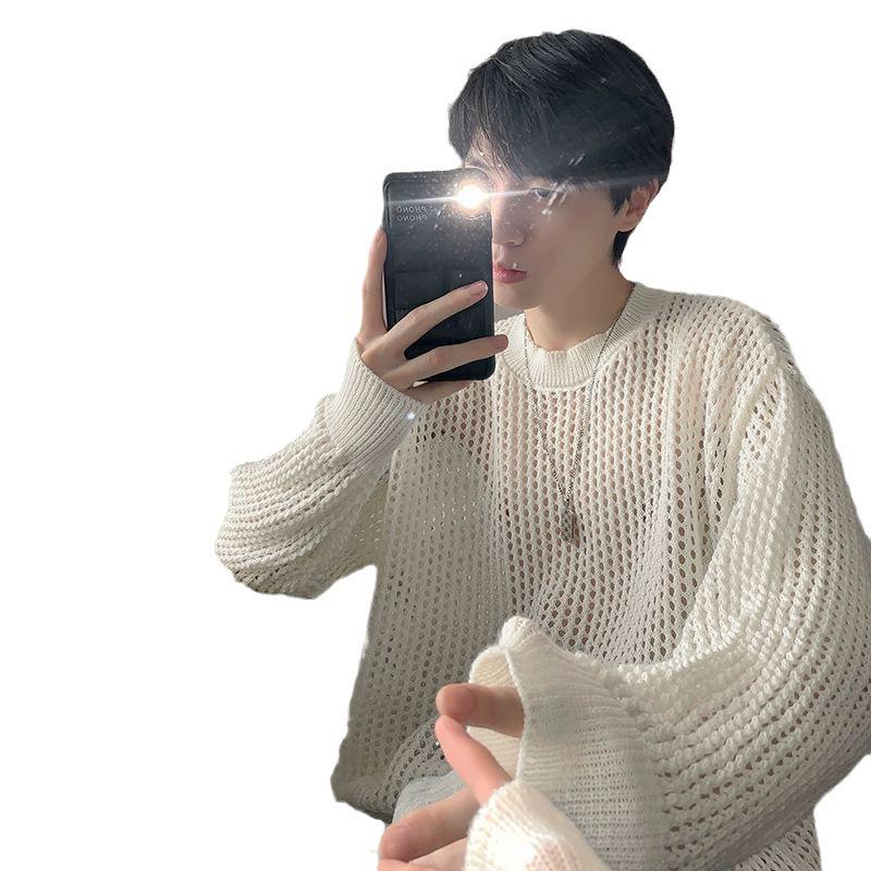 Men's 2023 Autumn Trendy White Hollow-Out Ripped Loose Knit Sweater, Korean Style.