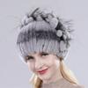 Brand Women Genuine Rex Rabbit Fur Hats Winter Rex Rabbit Fur Beanies Striped Top Flower Fox Fur Warm Real Fur Knit Caps