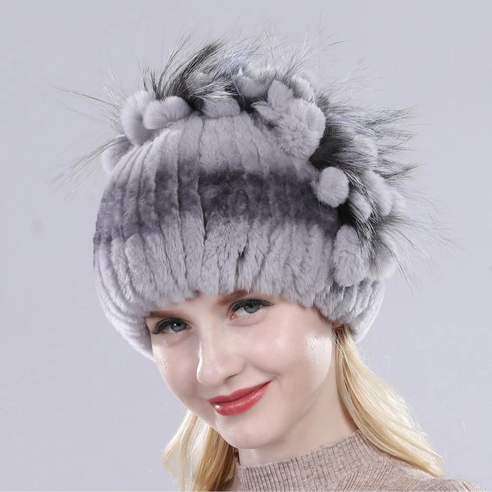 Brand Women Genuine Rex Rabbit Fur Hats Winter Rex Rabbit Fur Beanies Striped Top Flower Fox Fur Warm Real Fur Knit Caps
