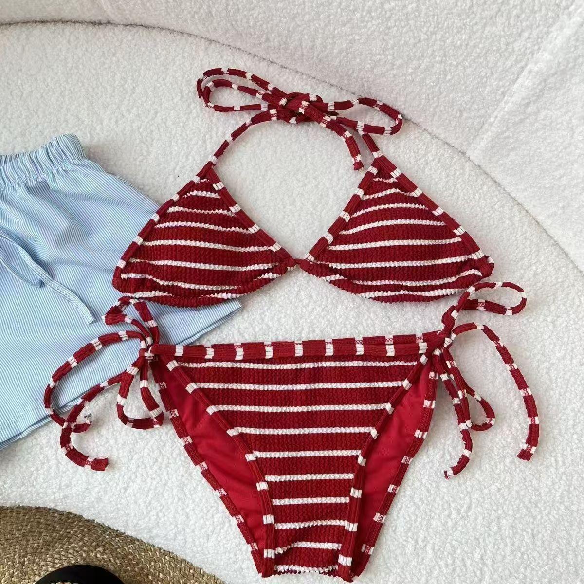 

Swimsuit new split simple striped lace-up triangle bag bikini with chest pad sexy beach vacation swimsuit women S