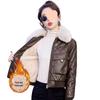 Women's Short Fleece-Lined Leather Motorcycle Jacket - Winter Fashion Cotton-Padded Coat