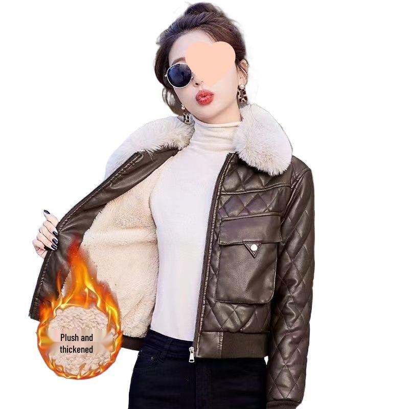 Women's Short Fleece-Lined Leather Motorcycle Jacket - Winter Fashion Cotton-Padded Coat
