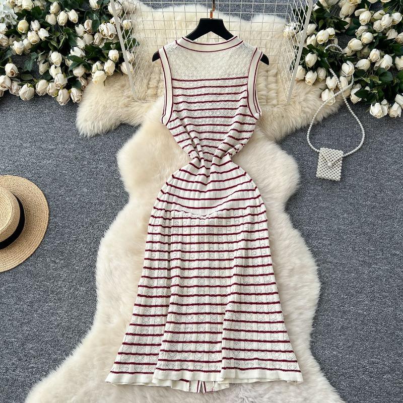 Striped Knitted Dress Summer Women's Wear Small Cinched Waist and Slimming Cardigan Vest Dress