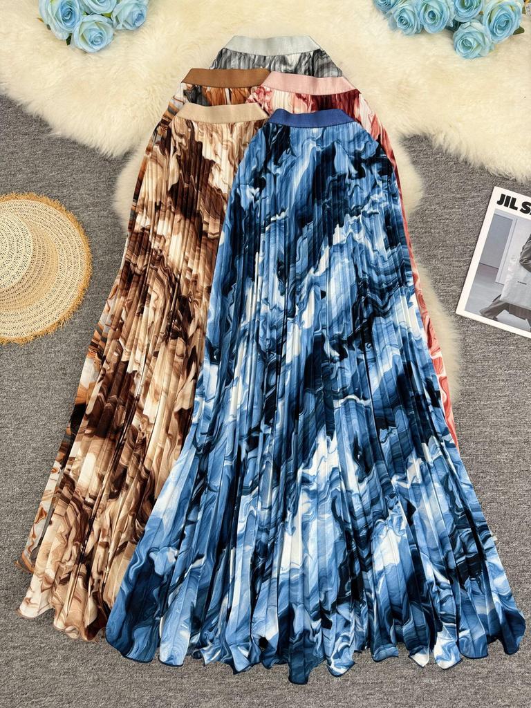 European & American Wave Pattern High-Waisted A-Line Pleated Midi Skirt