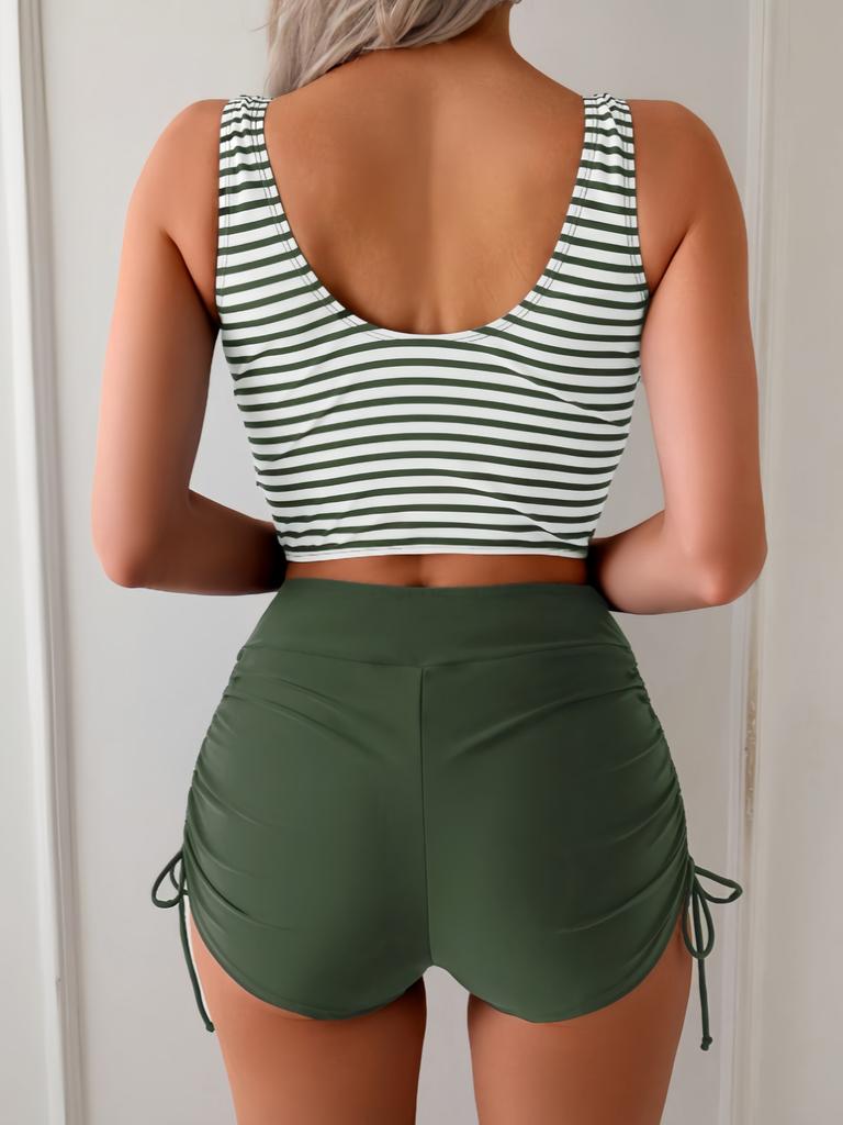Sexy Drawstring Side High Waist Bikini Set Women Black Stripe Push Up 2 Piece Swimsuit Summer Holiday Bathing Suit