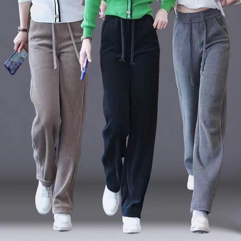 Slim Wide Leg Corduroy Pants Women Winter Fleece Lined Draping Tapered Trousers