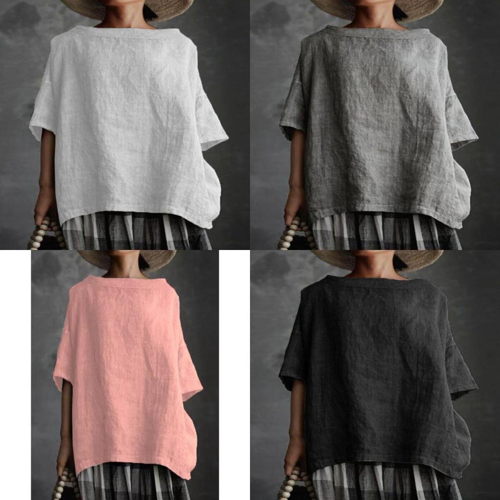 Vintage Art Style Cotton Linen T Shirt With Splicing Details For Casual Wear