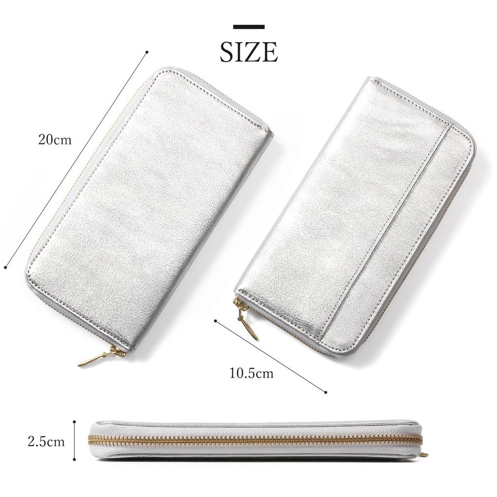 Blanc Pomme Rose Pomme Women's Long Wallet, Genuine Leather and Cotton Twill, Made in Japan, Round Zipper, Stylish, Silver, rp-1006