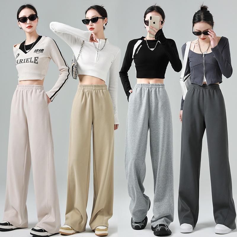 Splicing sweatpants women's spring new Huamian super soft wide-leg pants loose straight and thin casual pants