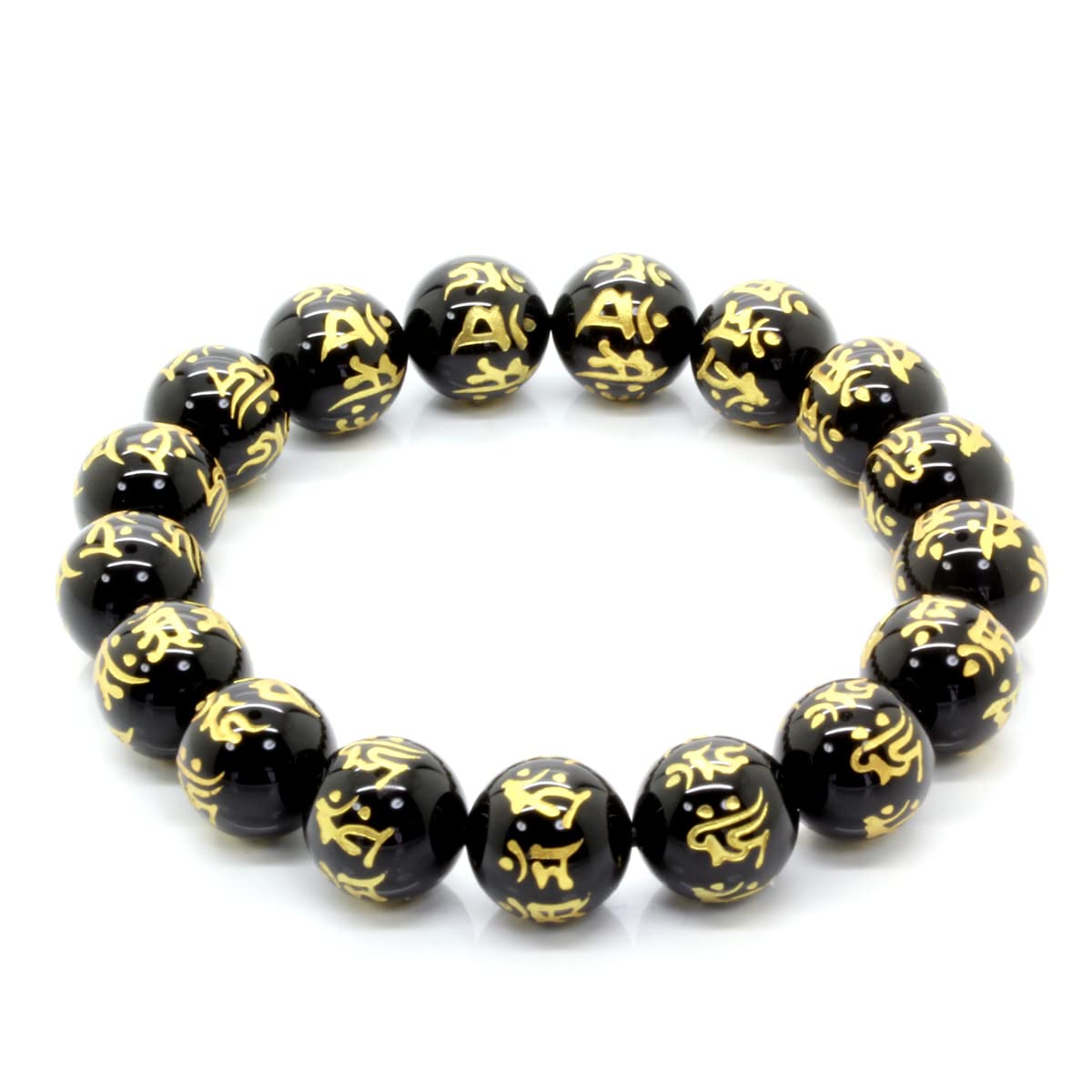 

Seven Sanskrit characters gold carved onyx 12mm power stone prayer bead bracelet natural stone [Ishiki] [b286]